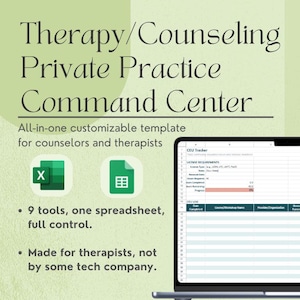 Therapist Practice Management Spreadsheet | Google Sheets & Excel Template | Client Tracker, Invoice, Schedule, Finance, CEU