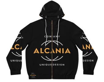 Alcania Logo Graphic Blk Men's Full-Zip Hoodie (AOP)