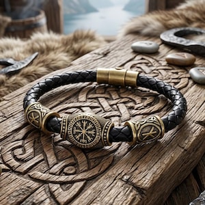 Viking Rune Leather Bracelet for Men - Nordic Odin Jewelry - Handmade Scandinavian Cuff - Ancient Futhark Bohemian Wrap - Gift for Him