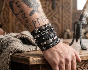 Viking-armband voor heren - lederen rune-sieraden - verstelbare manchette uit de Noorse mythologie - cadeau voor hem
