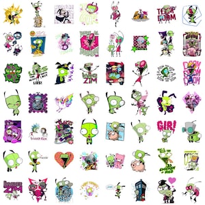 May include: A collection of colorful stickers featuring the green alien character Zim and the robot Gir from Invader Zim, showcasing various poses, expressions, and text phrases like Doom, Tacos, and Gir, arranged in a grid on a white background.