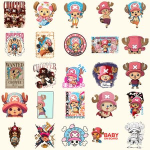 May include: A collection of colorful stickers featuring the character Chopper from the anime series One Piece. The stickers showcase Chopper in various poses and designs, with text like "Chopper" and "Baby on Board".