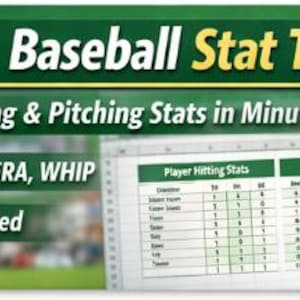 Könnte beinhalten: Ein grünes Banner mit dem Text "Youth Baseball Stat Tracker" und einer Baseball-Grafik. Das Banner enthält auch den Text "Track Hitting & Pitching Stats in Minutes", "Auto AVG, OBP, ERA, WHIP" und "No Setup Required". Eine Tabelle ist sichtbar.