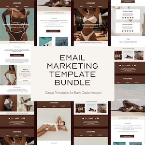 May include: A digital email marketing template bundle featuring various layout designs for e-commerce brands. The templates include placeholders for product imagery, customer reviews, discount codes, and social media links with a brown colour scheme.