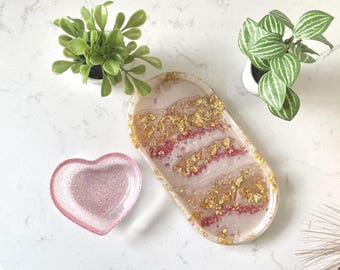 SOLD OUT - Pink Gold Resin Tray Set, Oval Vanity Tray, Heart Trinket Dish