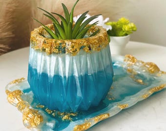 Handmade Resin Candle Container Set with European Tray - Turquoise & Gold Accents