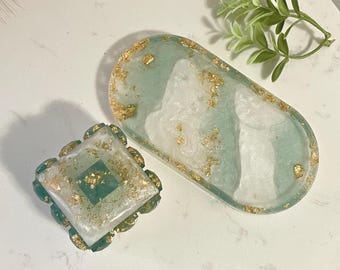 Green Marble Resin Jewelry Set - Square Box and Tray with White & Gold Accents