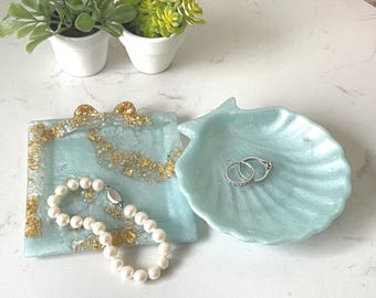 Light Blue Resin Tray Set, Pearl Gold Accents, Shell Trinket Dish, Jewelry Organizer
