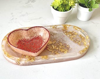 Red Heart Resin Trinket Dish, Gold Leaf Oval Tray, Jewelry Ring Holder