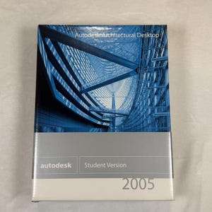 以下が含まれることがあります： Autodesk Architectural Desktop 2005 Student Versionの長方形のソフトウェアボックス。上部には現代的な建物内部の青い色調の建築画像が描かれています。下部はグレーで、autodeskおよびStudent Versionというテキストが記載されています。