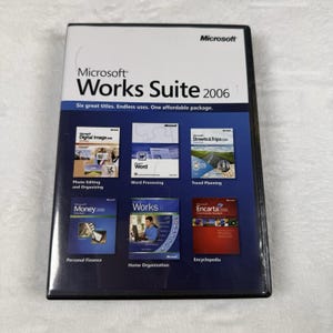 May include: A Microsoft Works Suite 2006 software box set featuring a white and blue cover. The text reads Microsoft Works Suite 2006, Six great titles. Endless uses. One affordable package, and lists Digital Image, Word, Streets & Trips, Money, Works, and Encarta.