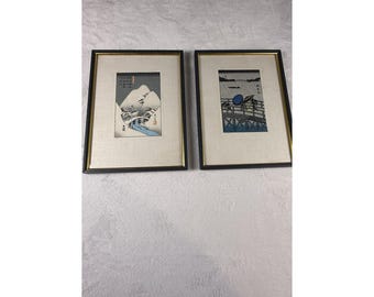 Zestaw oprawionych japońskich grafik w stylu ukiyo-e inspirowanych Hiroshige