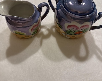 Vintage Japan Lusterware Creamer & Sugar Bowl Blue Peach Road Scene