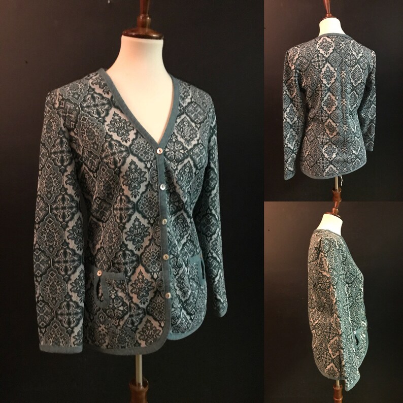 large listing 7565 Vintage 70/'s Green /& Soft White Boho Cardigan Sweater size medium
