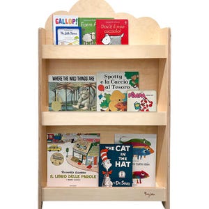 Pode incluir: Uma estante de madeira clara com três prateleiras, com vários livros infantis. Os livros têm capas coloridas e títulos como "The Cat in the Hat" e "Where the Wild Things Are". A estante tem um topo em forma de nuvem.