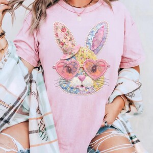 Comfort Colors® Easter Bunny Shirt, Floral Patchwork Rabbit, Heart Glasses Tee