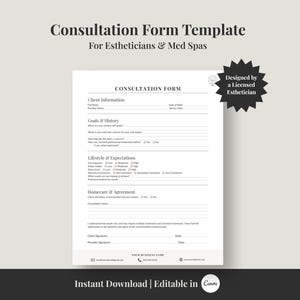 Puede incluir: Una plantilla de formulario de consulta para esteticistas y spas médicos. El formulario incluye secciones para información del cliente, objetivos, historial, estilo de vida, expectativas y acuerdos de cuidado en el hogar. El diseño es simple.