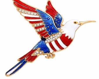 Patriotic Hummingbird Brooch Pin with Pouch| American Flag Inspired Bird Rhinestone Brooch| Red White Blue USA Jewelry | 4th of July Outfit