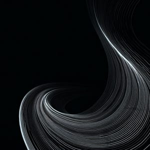 May include: A digital abstract graphic featuring a series of thin, white, curved lines that sweep across a solid black background, creating a sense of fluid motion and depth through a dense, layered pattern of light-colored, parallel strokes.