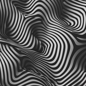May include: Abstract black and white pattern with curved, wave-like lines. The design creates a 3D effect, with the lines appearing to rise and fall across the surface. The contrast between the black and white creates a visually striking image.