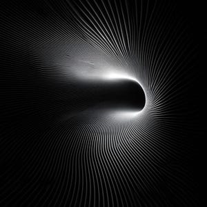 Op de afbeelding: Abstracte zwart-wit afbeelding met een tunnelachtige structuur. Fijne, parallelle witte lijnen stralen uit een centraal punt, waardoor diepte en beweging ontstaan. De lijnen buigen en convergeren naar een heldere, verlichte opening.