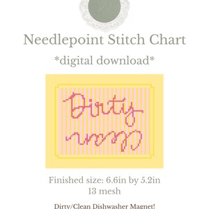Op de afbeelding: Een digitaal kruissteekpatroon met een geel en roze ontwerp met de tekst "Dirty" en "Clean". De afgewerkte maat is 16,8 cm bij 13,2 cm. Het is een Dirty/Clean vaatwasmagneet.