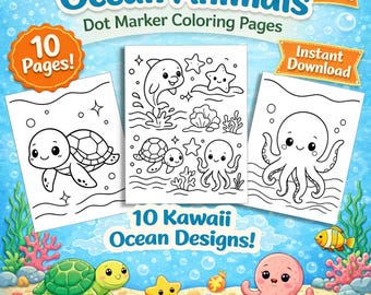 Kawaii Meerestiere Malvorlagen V2 - 10-seitiges Printable Set | Meeresbewohner | Kinder Malbuch