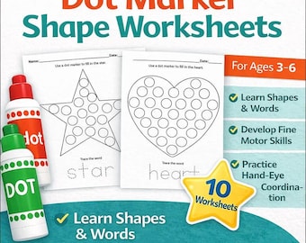 Dot Marker Shapes Arbeitsblätter - Füllformen und Wörter nachzeichnen | Vorschule und Kindergarten zum Ausdrucken | 10 Seiten