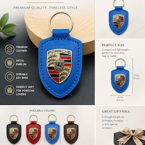 May include: Blue Porsche leather keychain with a metal emblem and key ring. The keychain is 3.5 inches (9 cm) tall and 2.1 inches (5.5 cm) wide. The image also shows black, red, and brown keychains.