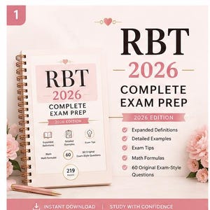 May include: A spiral-bound RBT 2026 Complete Exam Prep study guide with a pink and white cover featuring text, heart icons, and floral accents. The cover lists expanded definitions, detailed examples, exam tips, math formulas, and 60 exam-style questions.