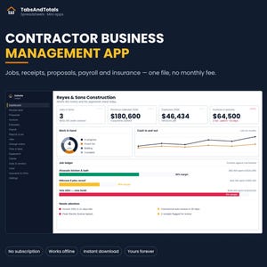 May include: A digital contractor business management app interface by TabsAndTotals. The dashboard displays Reyes & Sons Construction data, including revenue, expenses, invoices, job progress charts, and a job ledger with margin bars on a dark background.