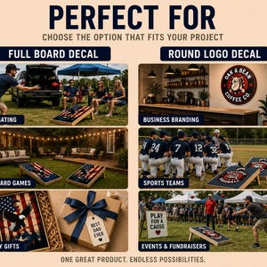 May include: A promotional graphic displaying two decal options: a full board decal and a round logo decal. The image features various applications including cornhole boards with American flag and eagle designs, a coffee shop logo, and sports team branding.