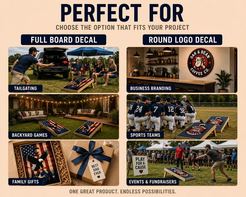 May include: A promotional graphic displaying two decal options: a full board decal and a round logo decal. The image features various applications including cornhole boards with American flag and eagle designs, a coffee shop logo, and sports team branding.