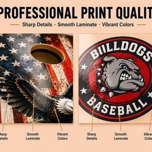 May include: A cornhole board graphic featuring a bald eagle over an American flag pattern and a circular logo with a bulldog illustration and the text BULLDOGS BASEBALL. The image highlights professional print quality with sharp details and laminate.