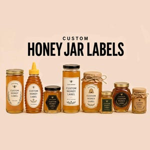 May include: A collection of eight glass and plastic honey jars of varying shapes and sizes, each featuring a custom honey label with bee graphics and text. The jars are filled with golden honey and have lids in gold, black, or cork styles.