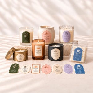 May include: A collection of various candles in glass, metal, and ceramic containers, each featuring a custom label with botanical or sun illustrations and the text Custom Soy Candle Labels, accompanied by a set of matching adhesive labels.