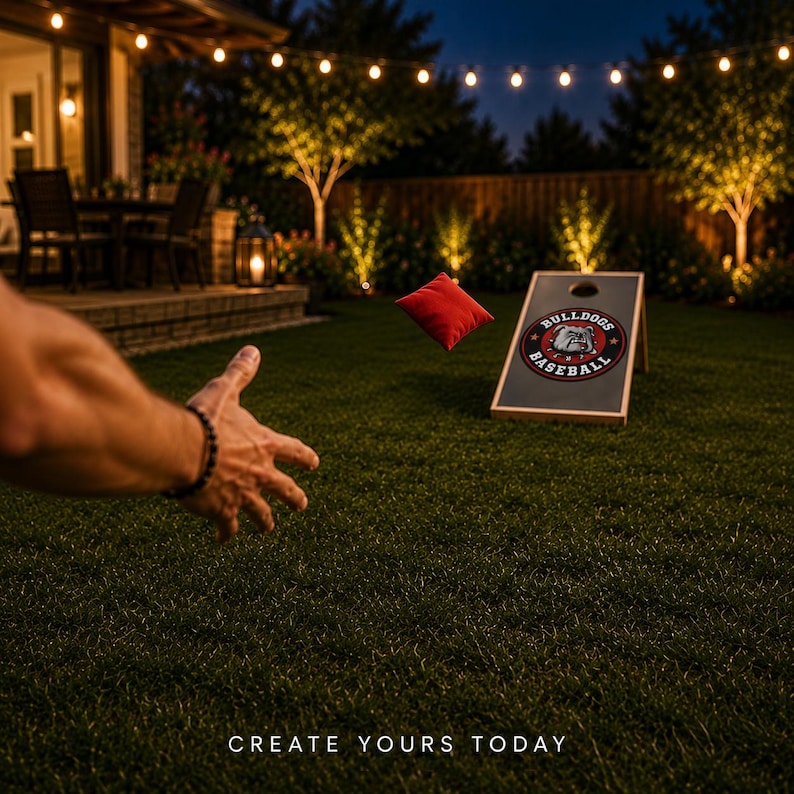 May include: A cornhole board featuring a circular logo with a bulldog illustration and the text BULLDOGS BASEBALL, accompanied by a red bean bag in mid-air. The board has a dark surface with a circular hole at the top. Text reads CREATE YOURS TODAY.