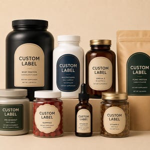 May include: A collection of dietary supplement containers including a large black whey protein tub, a white multivitamin bottle, an amber omega-3 bottle, a tan plant protein pouch, a gray pre-workout jar, and three smaller bottles with gummies and vitamins.