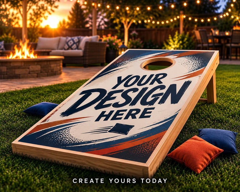 May include: A wooden cornhole board featuring a white surface with navy blue and orange abstract brushstroke graphics, a circular hole, and the text "YOUR DESIGN HERE". Three small square bean bags in navy blue and orange are nearby.
