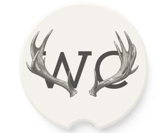 Whitetail Country Car Coaster, Deer Hunting Car Accessory, Antler Monogram Coaster, Hunter Gift, Stone Coaster