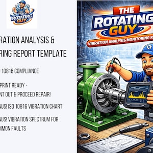 May include: An illustration for a vibration analysis report template. The image shows a cartoon of a man in a blue cap and overalls, inspecting machinery. Text includes "The Rotating Guy" and "Vibration Analysis & Monitoring Report Template."
