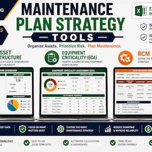 Puede incluir: Un gráfico digital que promociona herramientas de estrategia de plan de mantenimiento. La imagen presenta tres pantallas de ordenador portátil que muestran paneles de datos y hojas de cálculo. El texto incluye "Maintenance Plan Strategy Tools", "Asset Structure" y "Equipment Criticality".