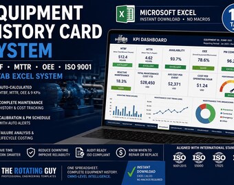 Equipment History Card System | Excel Maintenance Log | MTBF MTTR Oee | ISO 9001 | Reliability Engineer Template