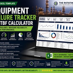 以下が含まれることがあります： ラップトップの画面には、Equipment Failure Tracker & MTBF CalculatorのExcelテンプレートが表示されています。緑と黒のデザインにはグラフと「Track Failures. Measure Reliability. Improve Performance.」というテキストが含まれています。テンプレートは完全に自動化されており、使いやすいです。