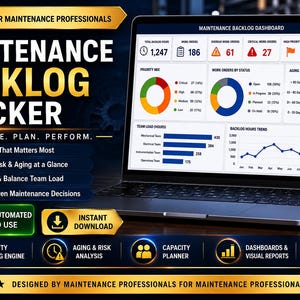 Puede incluir: Una pantalla de portátil muestra un panel de control de seguimiento de la acumulación de trabajo de mantenimiento con gráficos y visualizaciones de datos. El software está diseñado para profesionales del mantenimiento, con herramientas automatizadas y descarga instantánea.