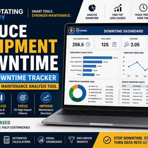 Puede incluir: Una computadora portátil muestra un "Panel de control de tiempo de inactividad" con gráficos y datos, promocionando un rastreador de tiempo de inactividad basado en Excel. La imagen incluye el texto "Reducir el tiempo de inactividad del equipo".