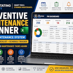 May include: Preventive maintenance planner, Excel-based, with inspection checklist and schedule tracker. The image shows a laptop displaying the PM dashboard, calendar, and task list. Stay organised and improve reliability.