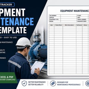 以下が含まれることがあります： 「Equipment Maintenance Log Template」というタイトルの機器メンテナンスログテンプレート。テンプレートには、タグ番号、サービス、機器タイプ、ブランドのセクションが含まれています。ヘルメットをかぶった作業員が写っています。