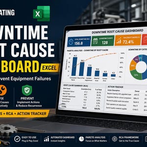 Puede incluir: Una pantalla de portátil muestra un "Panel de control de la causa raíz del tiempo de inactividad" en Excel, diseñado para encontrar, solucionar y prevenir fallas de equipos. El panel incluye gráficos y un rastreador de acciones. Un casco amarillo y un engranaje están en primer plano.