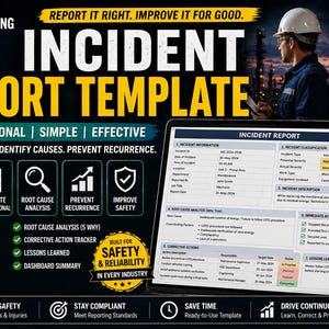 Puede incluir: Una plantilla de informe de incidentes que se muestra en la pantalla de una computadora portátil, con un hombre con casco en el fondo. La plantilla está diseñada para la seguridad y la fiabilidad.